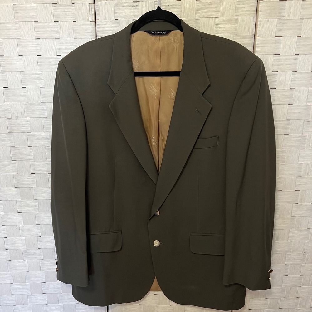 VTG Burberrys Super 100's‎ Wool Olive Green Blazer Sport Coat Jacket Size 44 Reg